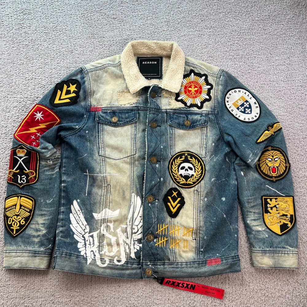 Reason Clothing Mulberry Moto Denim Jacket Sherpa Lined Multi Patch Blue Mens M
